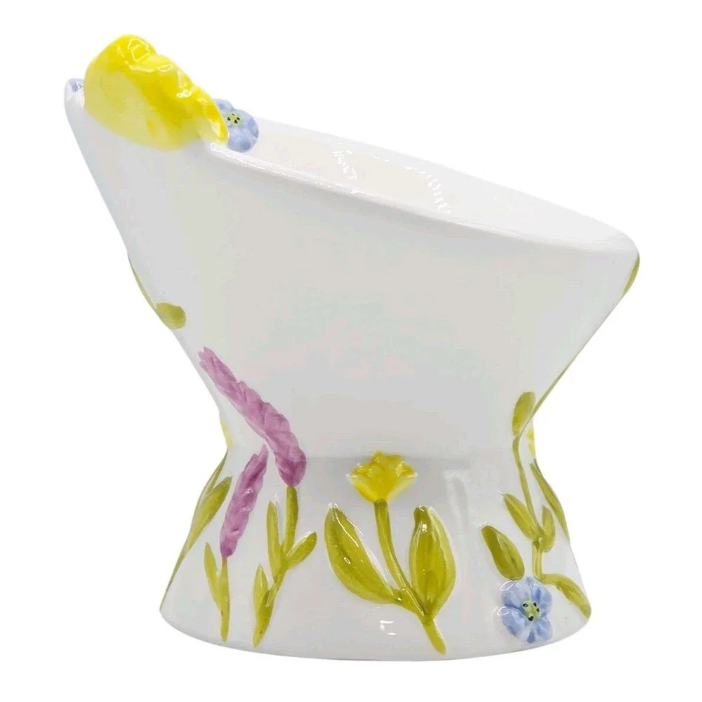 Mellow & Mod Raised Ceramic Cat Food And Water Bowl Floral Embossed Hand Painted